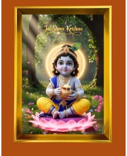 Jai Shree Krishna Golden Photo Frame - 10x14 Inches | Elegant Wooden Frame for Home, Office & Temple Decoration | Spiritual Wall & Table Decor and Gift Item