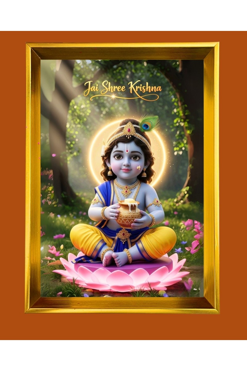 Jai Shree Krishna Golden Photo Frame - 10x14 Inches | Elegant Wooden Frame for Home, Office & Temple Decoration | Spiritual Wall & Table Decor and Gift Item