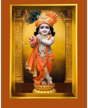 Divine Krishna Golden Photo Frame - 10x14 Inches | Elegant Wooden Frame for Home, Office & Temple Decoration | Spiritual Wall & Table Decor and Gift Item