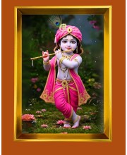 Divine Krishna Golden Photo Frame - 10x14 Inches | Elegant Wooden Frame for Home, Office & Temple Decoration | Spiritual Wall & Table Decor and Gift Item