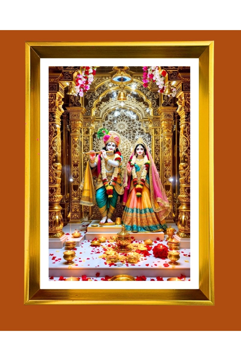 Divine Radha Krishna Golden Photo Frame - 10x14 Inches | Elegant Wooden Frame for Home, Office & Temple Decoration | Spiritual Wall & Table Decor and Gift Item