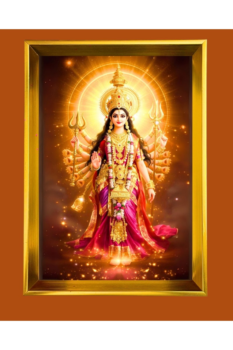 Devi Maa Durga Golden Photo Frame - 10x14 Inches | Elegant Wooden Frame for Home, Office & Temple Decoration | Spiritual Wall & Table Decor and Gift Item