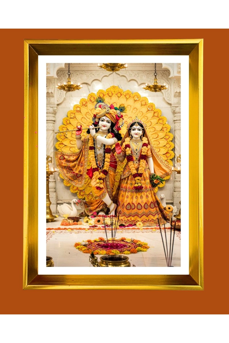Divine Radha Krishna Golden Photo Frame - 10x14 Inches | Elegant Wooden Frame for Home, Office & Temple Decoration | Spiritual Wall & Table Decor and Gift Item