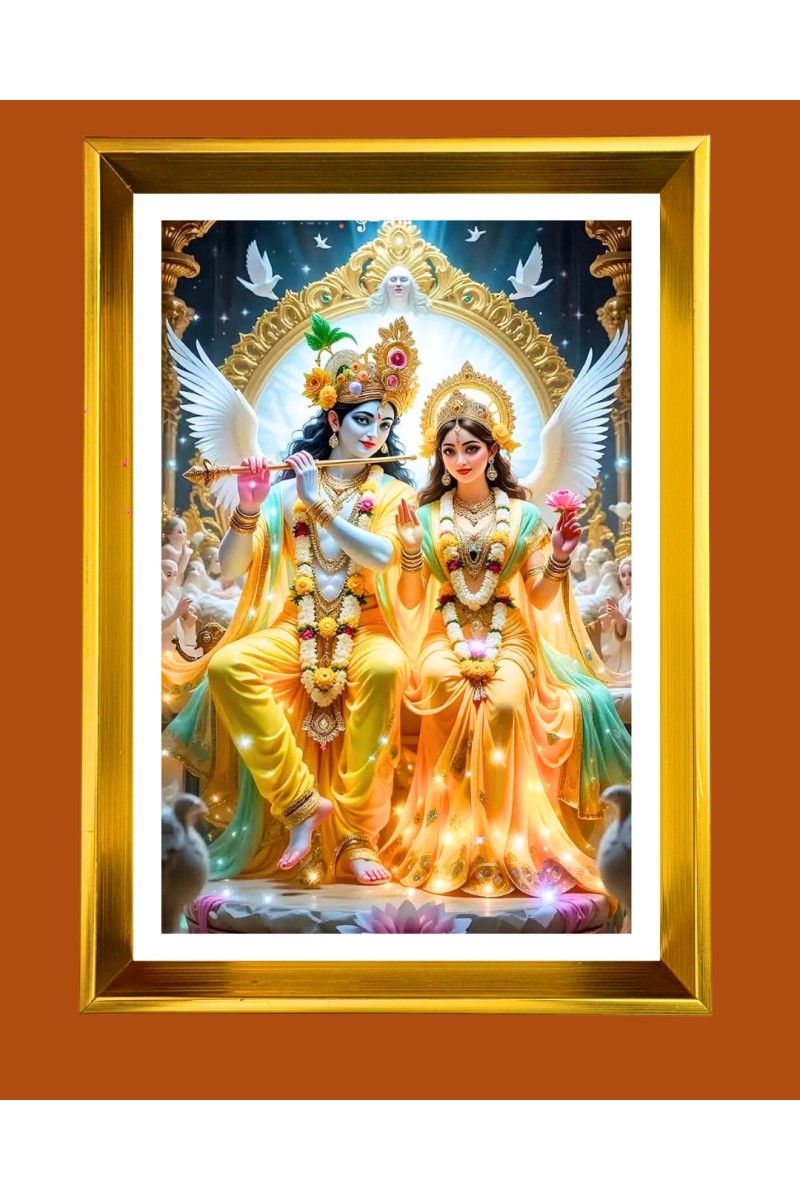 Divine Radha &  Krishna Golden Photo Frame - 10x14 Inches | Elegant Wooden Frame for Home, Office & Temple Decoration | Spiritual Wall & Table Decor and Gift Item