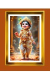 Little Krishna Golden Photo Frame - 10x14 Inches | Elegant Wooden Frame for Home, Office & Temple Decoration | Spiritual Wall & Table Decor and Gift Item