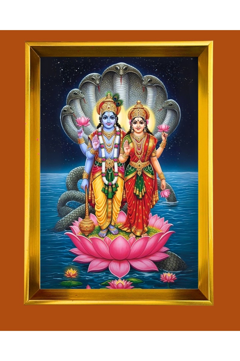 Lord Vishnu & Lakhsmi Golden Photo Frame - 10x14 Inches | Elegant Wooden Frame for Home, Office & Temple Decoration | Spiritual Wall & Table Decor and Gift Item