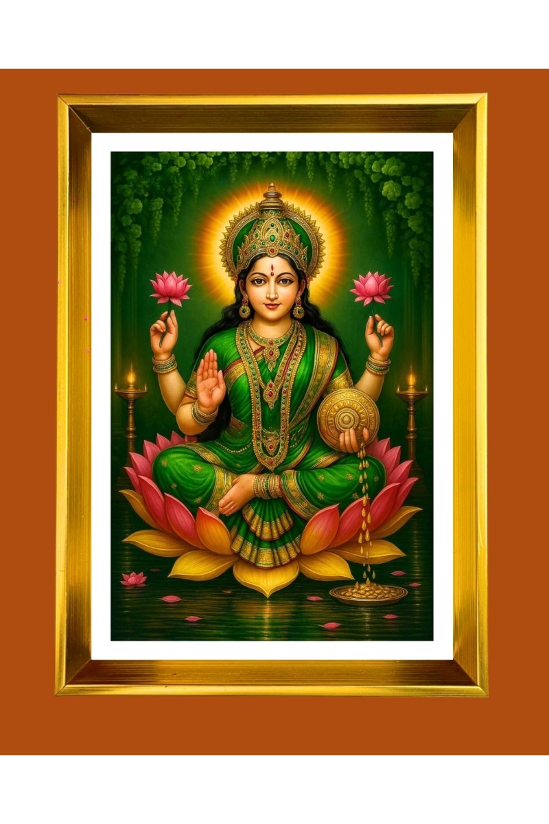 Maa Lakshmi Golden Photo Frame - 10x14 Inches | Elegant Wooden Frame for Home, Office & Temple Decoration | Spiritual Wall & Table Decor and Gift Item