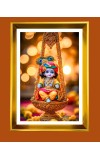 Cute Baby Krishna Golden Photo Frame - 10x14 Inches | Elegant Wooden Frame for Home, Office & Temple Decoration | Spiritual Wall & Table Decor and Gift Item