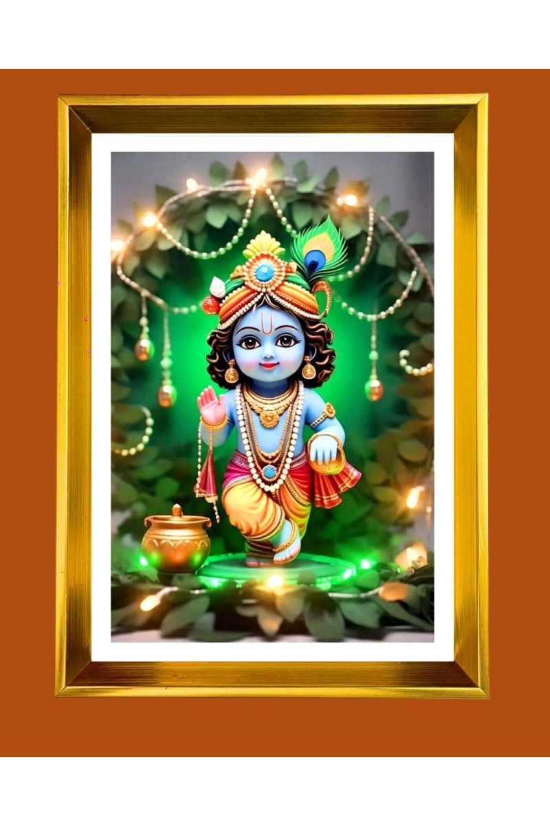 Liitle Baby krishna Golden Photo Frame - 10x14 Inches | Elegant Wooden Frame for Home, Office & Temple Decoration | Spiritual Wall & Table Decor and Gift Item