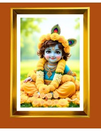 Liitle Baby krishna Golden Photo Frame - 10x14 Inches | Elegant Wooden Frame for Home, Office & Temple Decoration | Spiritual Wall & Table Decor and Gift Item