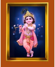 Divine Little Krishna Golden Photo Frame - 10x14 Inches | Elegant Wooden Frame for Home, Office & Temple Decoration | Spiritual Wall & Table Decor and Gift Item