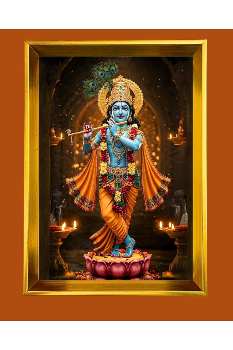 Divine Krishna Golden Photo Frame - 10x14 Inches | Elegant Wooden Frame for Home, Office & Temple Decoration | Spiritual Wall & Table Decor and Gift Item