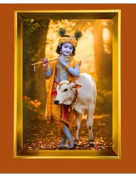 Divine Krishna Golden Photo Frame - 10x14 Inches | Elegant Wooden Frame for Home, Office & Temple Decoration | Spiritual Wall & Table Decor and Gift Item