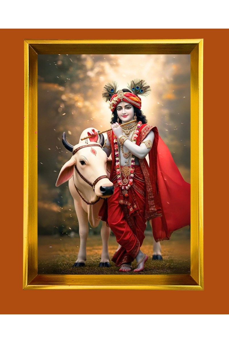 Divine Krishna Golden Photo Frame - 10x14 Inches | Elegant Wooden Frame for Home, Office & Temple Decoration | Spiritual Wall & Table Decor and Gift Item
