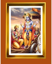 Lord Krishna and Arjun Golden Photo Frame - 10x14 Inches | Elegant Wooden Frame for Home, Office & Temple Decoration | Spiritual Wall & Table Decor and Gift Item