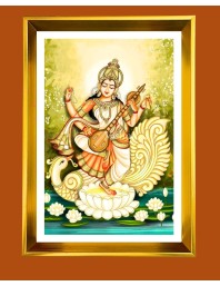 Maa Saraswati Golden Photo Frame - 10x14 Inches | Elegant Wooden Frame for Home, Office & Temple Decoration | Spiritual Wall & Table Decor and Gift Item