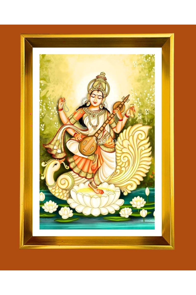 Maa Saraswati Golden Photo Frame - 10x14 Inches | Elegant Wooden Frame for Home, Office & Temple Decoration | Spiritual Wall & Table Decor and Gift Item