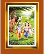 Lord Krishna and Balarama Golden Photo Frame - 10x14 Inches | Elegant Wooden Frame for Home, Office & Temple Decoration | Spiritual Wall & Table Decor and Gift Item