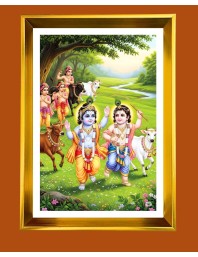 Lord Krishna and Balarama Golden Photo Frame - 10x14 Inches | Elegant Wooden Frame for Home, Office & Temple Decoration | Spiritual Wall & Table Decor and Gift Item