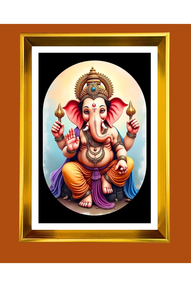 Lord Ganesh Golden Photo Frame - 10x14 Inches | Elegant Wooden Frame for Home, Office & Temple Decoration | Spiritual Wall & Table Decor and Gift Item