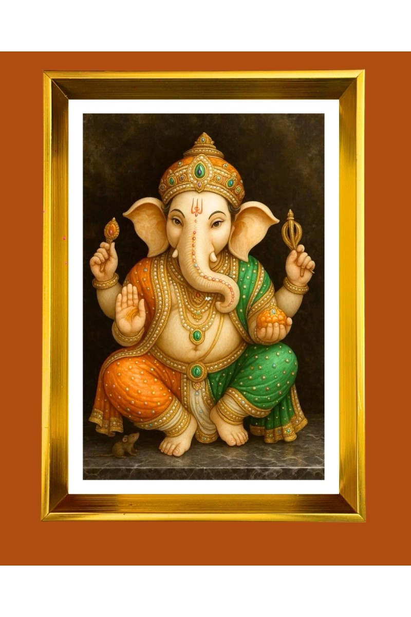 Lord Ganesh Golden Photo Frame - 10x14 Inches | Elegant Wooden Frame for Home, Office & Temple Decoration | Spiritual Wall & Table Decor and Gift Item