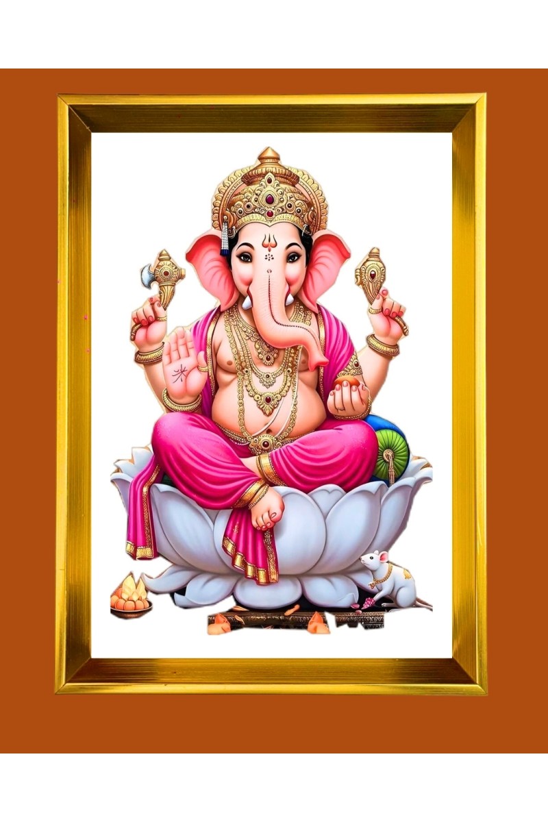 Lord Ganesh Golden Photo Frame - 10x14 Inches | Elegant Wooden Frame for Home, Office & Temple Decoration | Spiritual Wall & Table Decor and Gift Item