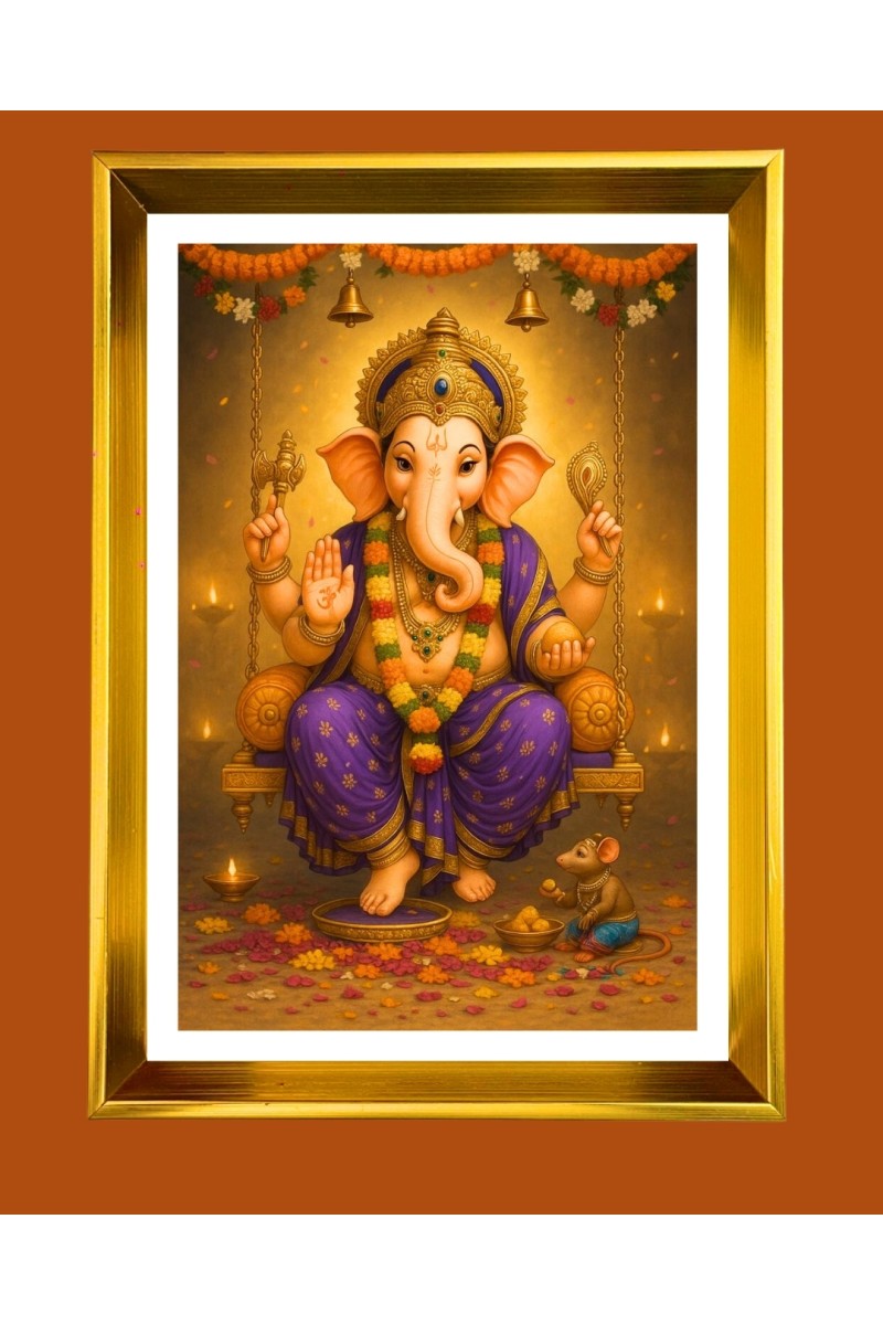 Lord Ganesh Golden Photo Frame - 10x14 Inches | Elegant Wooden Frame for Home, Office & Temple Decoration | Spiritual Wall & Table Decor and Gift Item