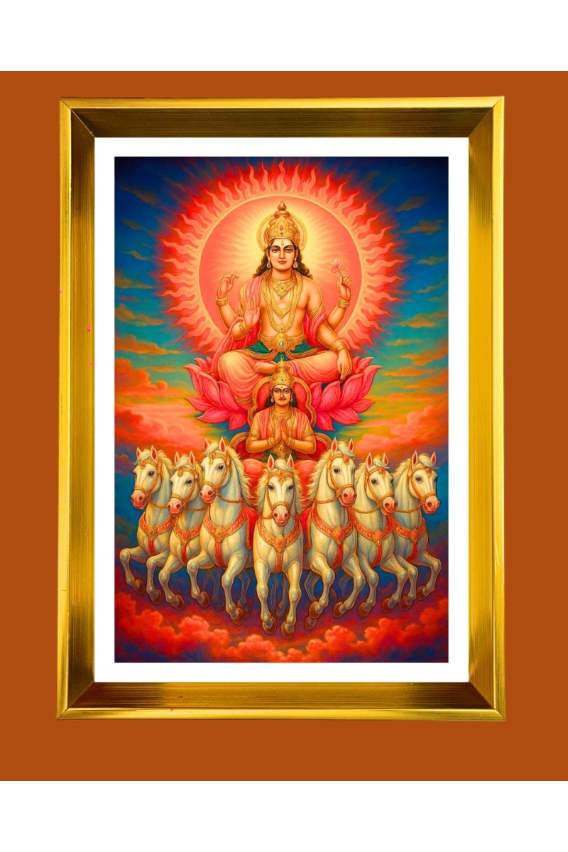 Surya Dev Golden Photo Frame - 10x14 Inches | Elegant Wooden Frame for Home, Office & Temple Decoration | Spiritual Wall & Table Decor and Gift Item