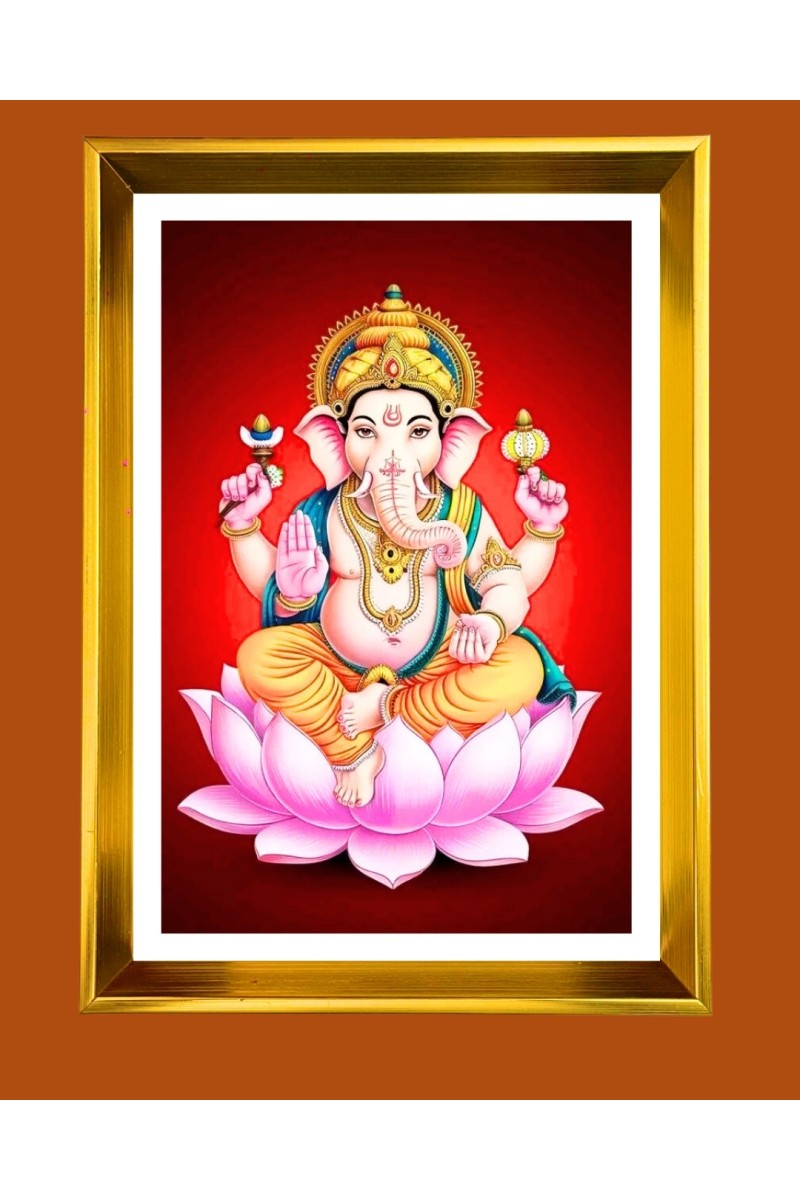 Lord Ganesh Golden Photo Frame - 10x14 Inches | Elegant Wooden Frame for Home, Office & Temple Decoration | Spiritual Wall & Table Decor and Gift Item