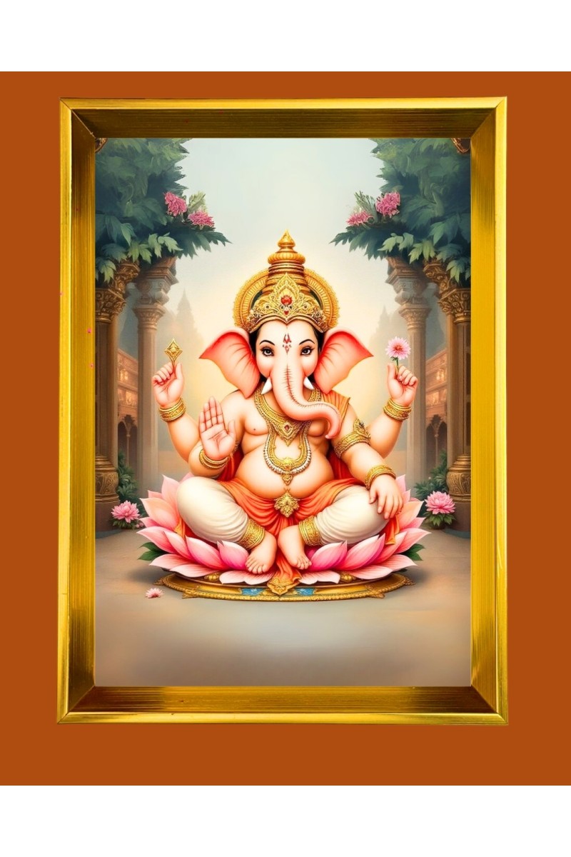 Lord Ganesh Golden Photo Frame - 10x14 Inches | Elegant Wooden Frame for Home, Office & Temple Decoration | Spiritual Wall & Table Decor and Gift Item