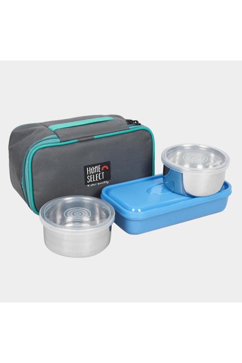 Plastic &amp;Steel Lunch Box 3 Containers With Bag