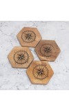 Brown Wooden Coasters Engraved with Compass - Pack of 4